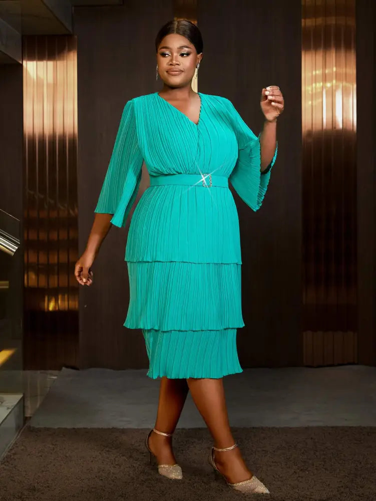 AOMEIDRESS Lake Green A Line Cake Dress Pearl Chiffon V Neck Pleated