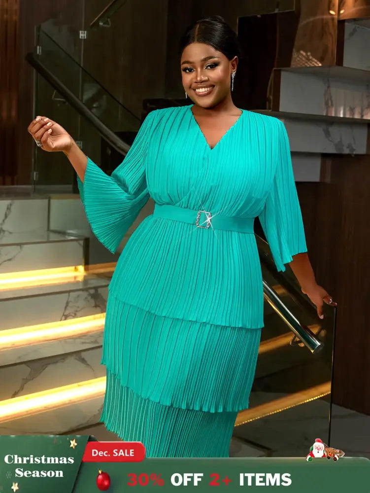 AOMEIDRESS Lake Green A Line Cake Dress Pearl Chiffon V Neck Pleated Green / S