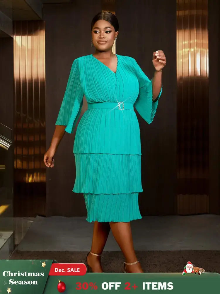 AOMEIDRESS Lake Green A Line Cake Dress Pearl Chiffon V Neck Pleated