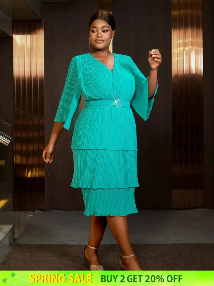 AOMEIDRESS Lake Green A Line Cake Dress Pearl Chiffon V Neck Pleated