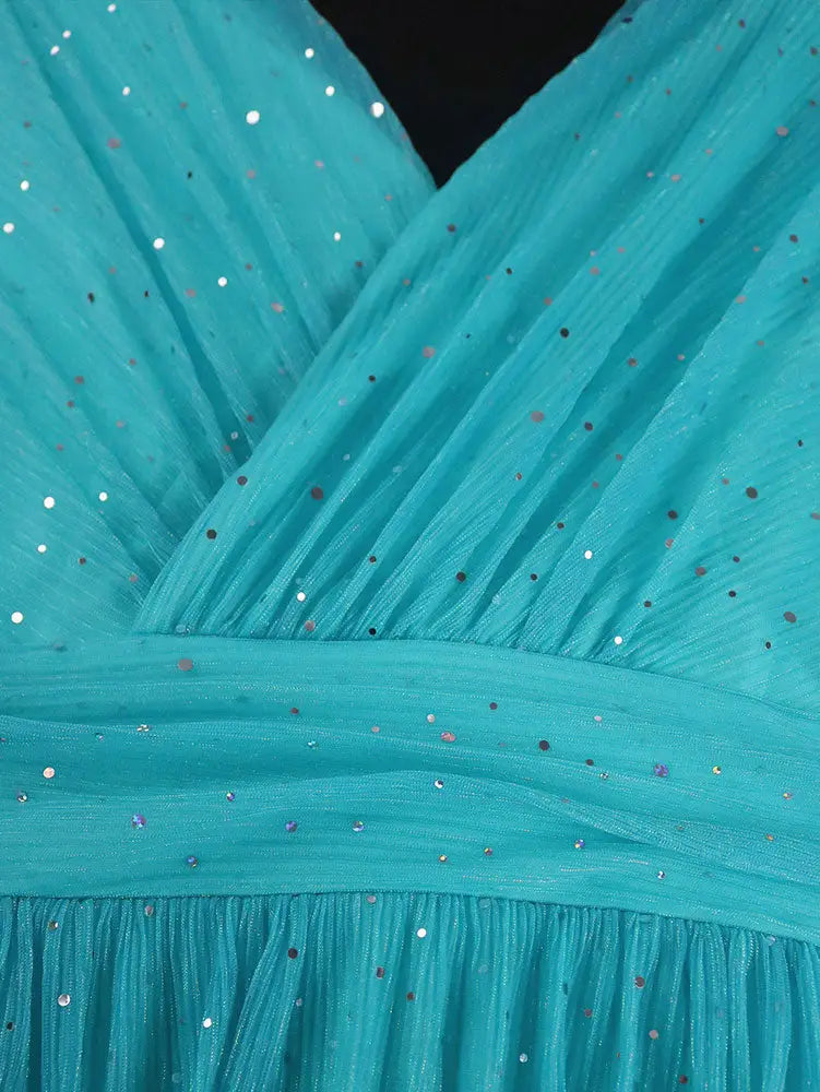 AOMEIDRESS LakeBlue Shiny Sequins A Line Cake Dress V Neck High Waist