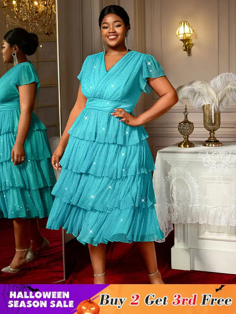 AOMEIDRESS LakeBlue Shiny Sequins A Line Cake Dress V Neck High Waist LakeBlue / S