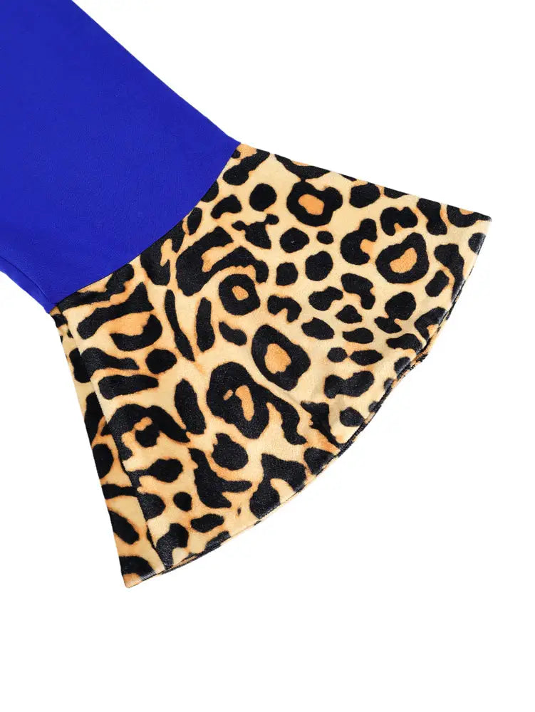 AOMEIDRESS Leopard Print Dress Long Flare Sleeve Velvet Bow Office