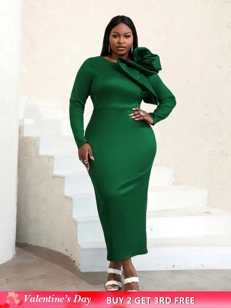 AOMEIDRESS Long Sleeve Ruffle Shiny Bodycon Dress Maxi Green / S