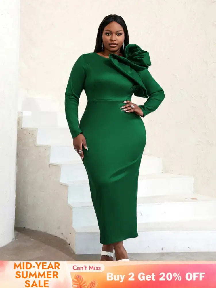 AOMEIDRESS Long Sleeve Ruffle Shiny Bodycon Dress Maxi Green / S