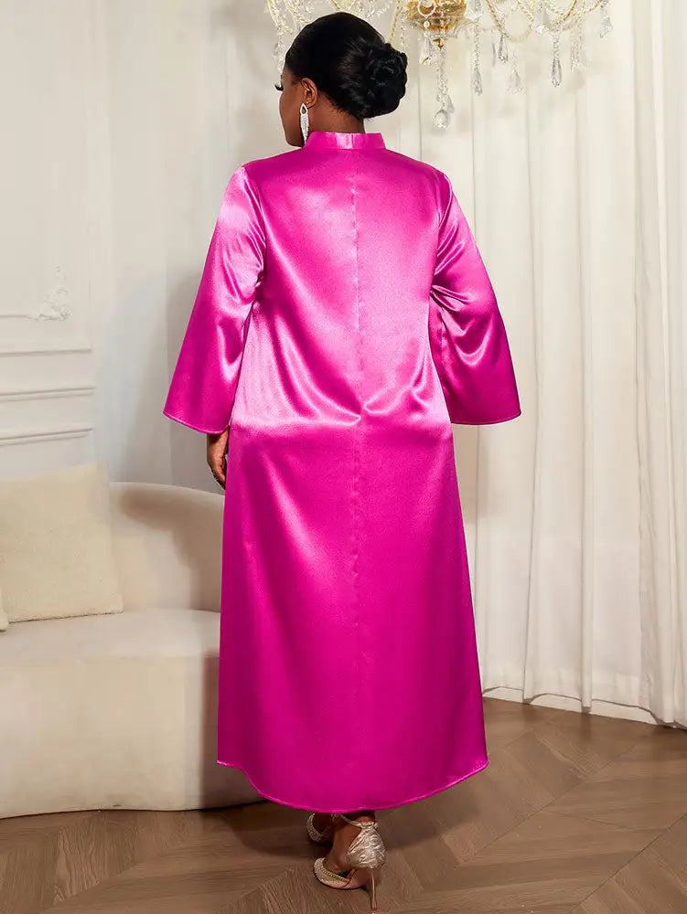 AOMEIDRESS Loose Shiny Satin A Line Dress Stand Collar Lace Up Bow