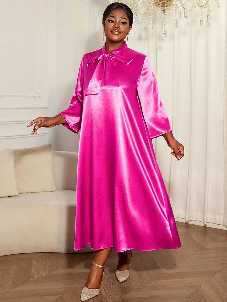 AOMEIDRESS Loose Shiny Satin A Line Dress Stand Collar Lace Up Bow