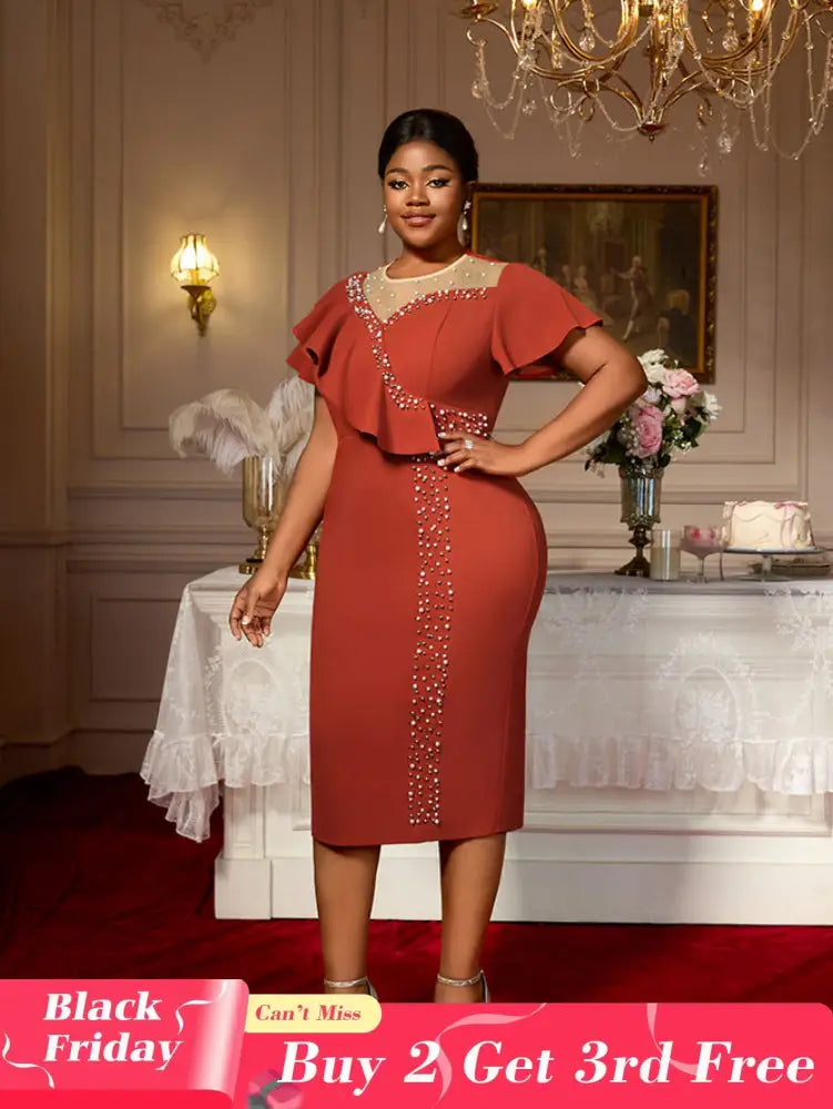 AOMEIDRESS Luxury Dress Grace Embroidered Flares Butterfly Sleeve BrickRed / S