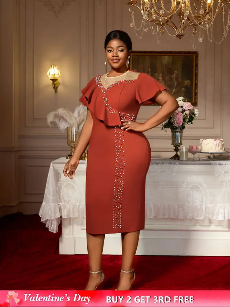 AOMEIDRESS Luxury Dress Grace Embroidered Flares Butterfly Sleeve BrickRed / S