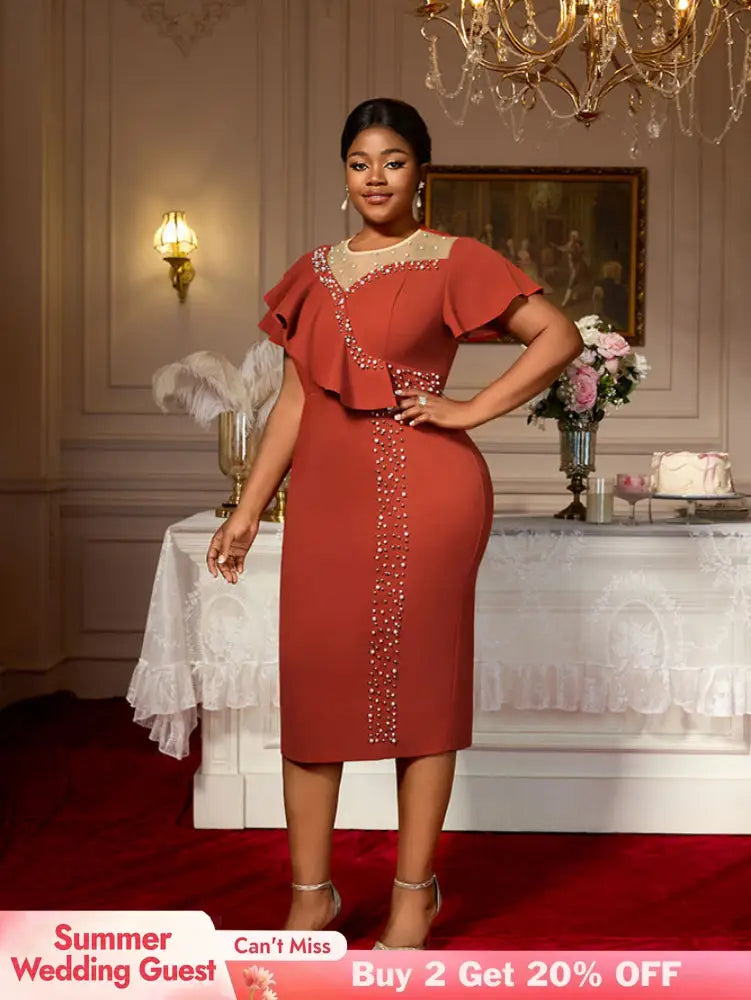 AOMEIDRESS Luxury Dress Grace Embroidered Flares Butterfly Sleeve BrickRed / S