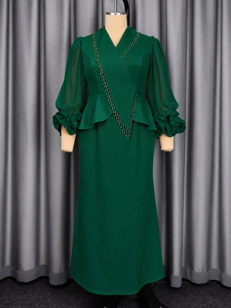 AOMEIDRESS Luxury Mermaid Dress V Neck Ruffled Flared Sleeves Beading