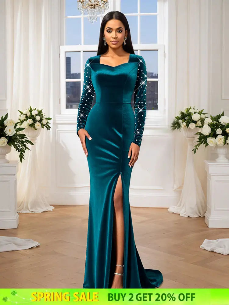 AOMEIDRESS Luxury Mermaid Floor Length Beading Dress for Wedding Party PeacockBlue / S