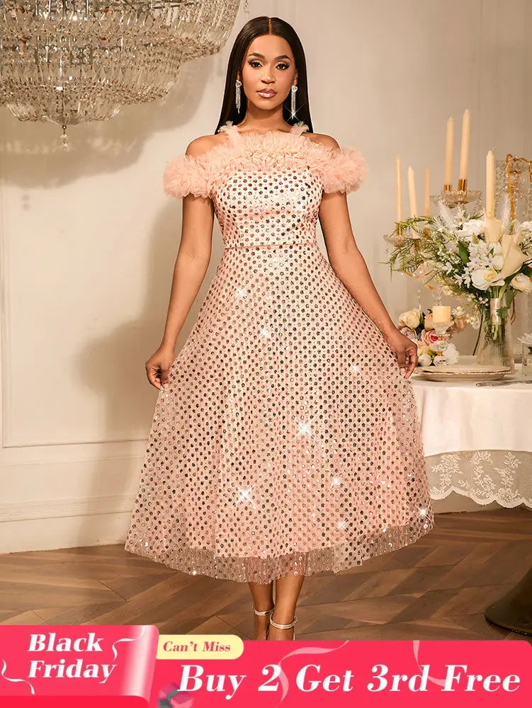 AOMEIDRESS Luxury Occasion Dresses A Line for Women Off The Shoulder Pink / S