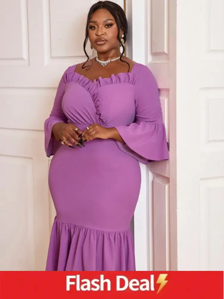 AOMEIDRESS Mermaid Dress V Neck Ruffles 3/4 Flare Sleeve High Waist