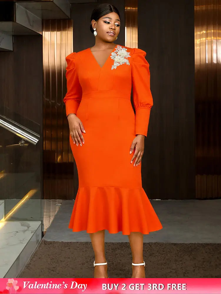 AOMEIDRESS Mermaid V Neck Party Dress 3D Embroidery Flower Puff Sleeve Orange / S