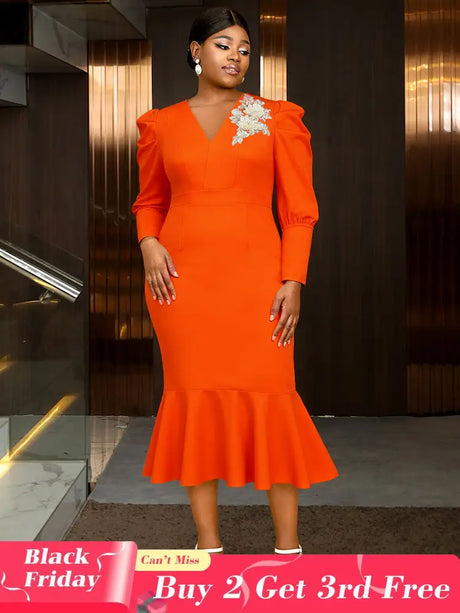 AOMEIDRESS Mermaid V Neck Party Dress 3D Embroidery Flower Puff Sleeve Orange / S