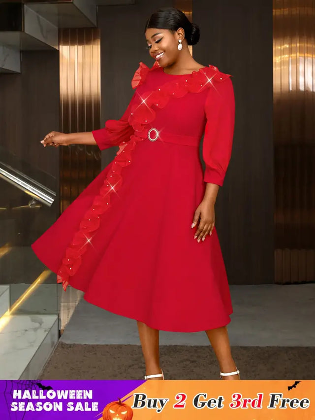 Elegant midi wedding guest dresses with ruffle lantern sleeves A-line fit Perfect for plus size wedding guest dresses or maternity wedding guest outfit