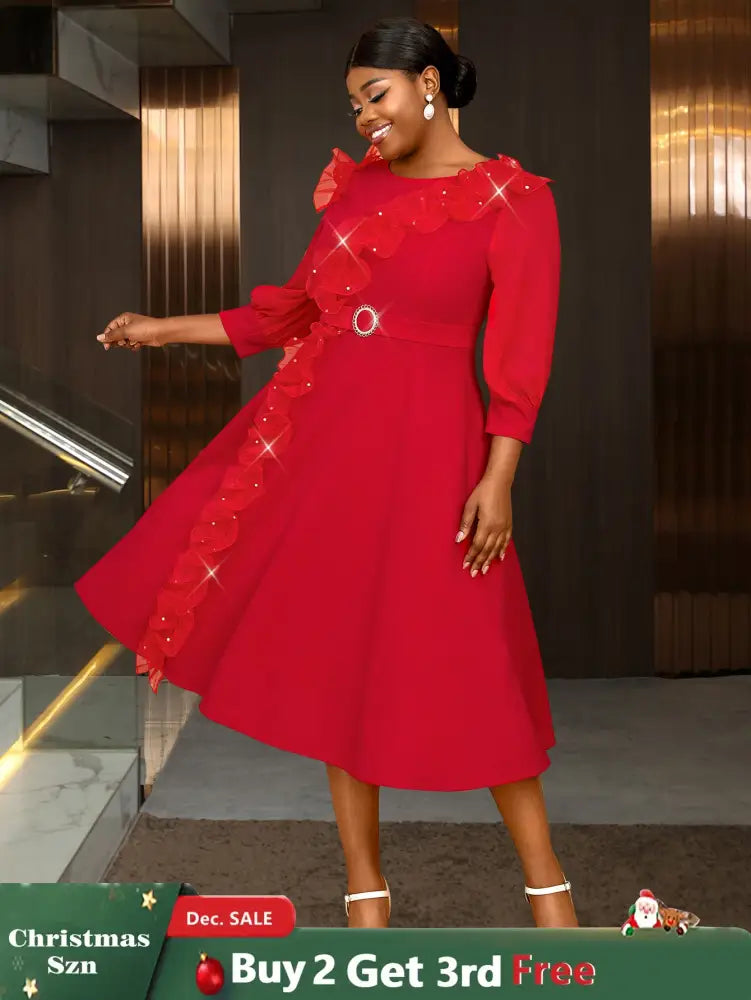 Elegant midi wedding guest dresses with ruffle lantern sleeves A-line fit Perfect for plus size wedding guest dresses or maternity wedding guest outfit