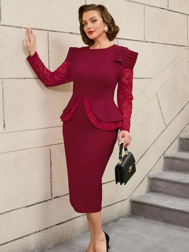 AOMEIDRESS Mothers Day Outfits Lace Patchwork Long Sleeve Dress