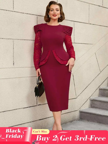 AOMEIDRESS Mothers Day Outfits Lace Patchwork Long Sleeve Dress Wine / S