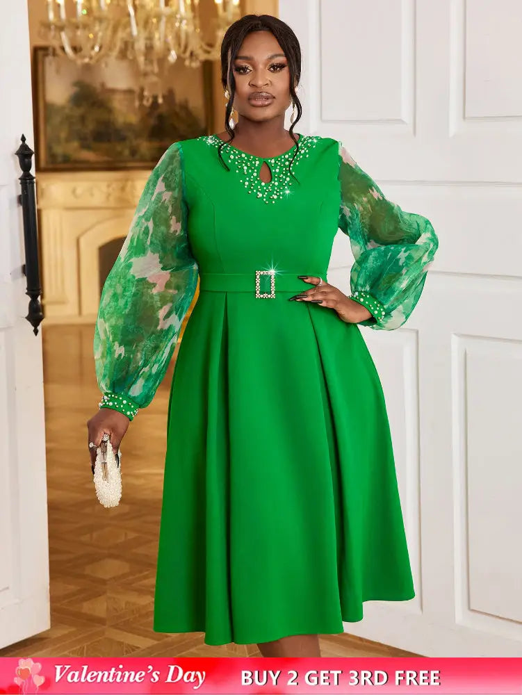 AOMEIDRESS Nail Bead A-line Dress O Neck Mesh Patchwork Bubble Sleeve