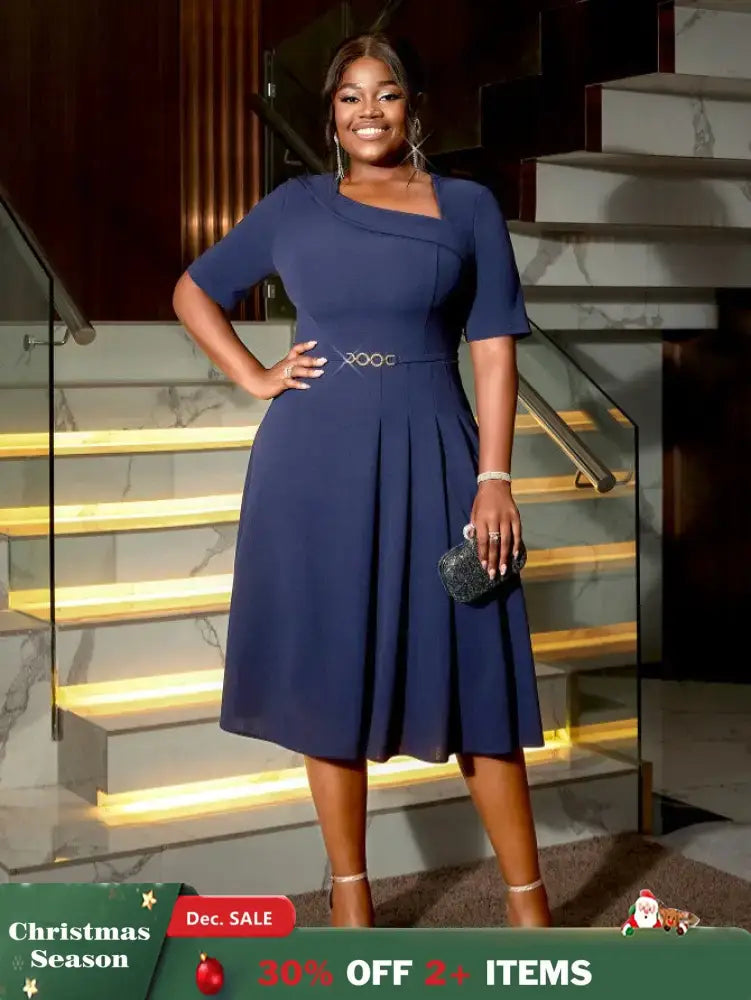 AOMEIDRESS A Line Dress Navy Asymmetrical Neck Short Sleeve Pleated Navy / S
