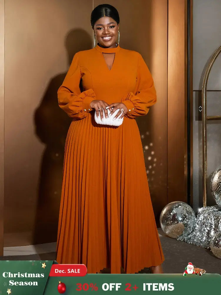 AOMEIDRESS O Neck Cut Out Chest Elegant Lantern Sleeve Pleated Dress Brown / S