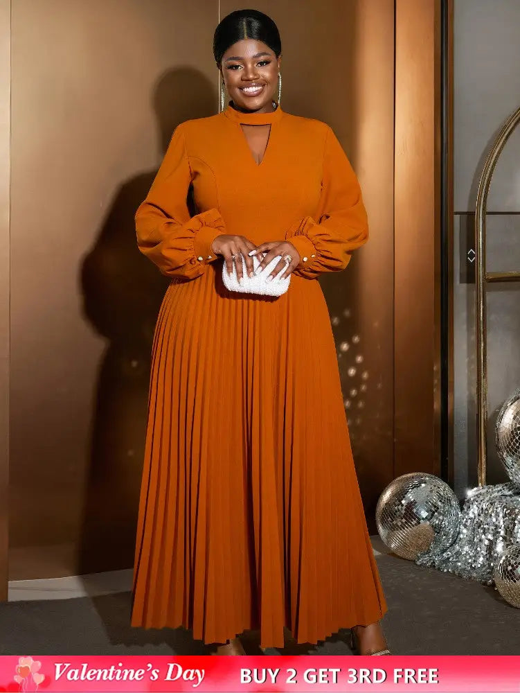 AOMEIDRESS O Neck Cut Out Chest Elegant Lantern Sleeve Pleated Dress Brown / S