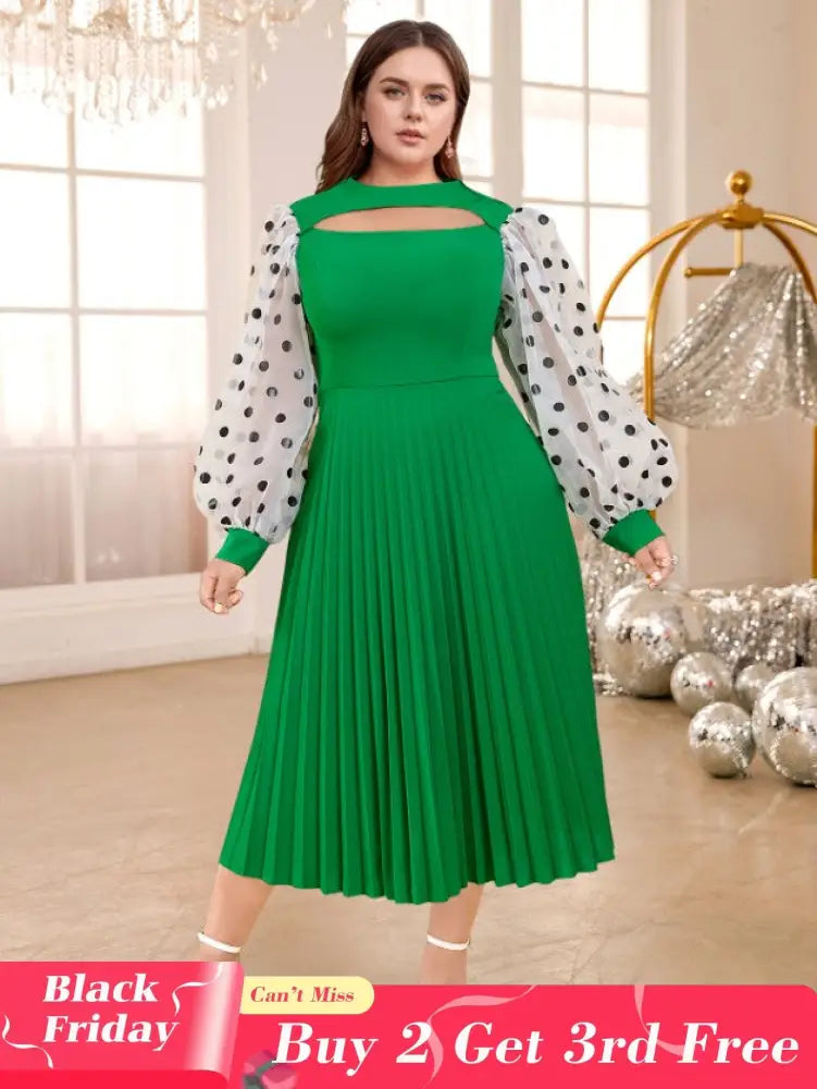 Polka Dots Print mesh patchwork lantern sleeve dresses for women