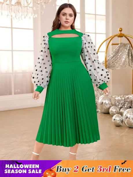 Polka Dots Print mesh patchwork lantern sleeve dresses for women