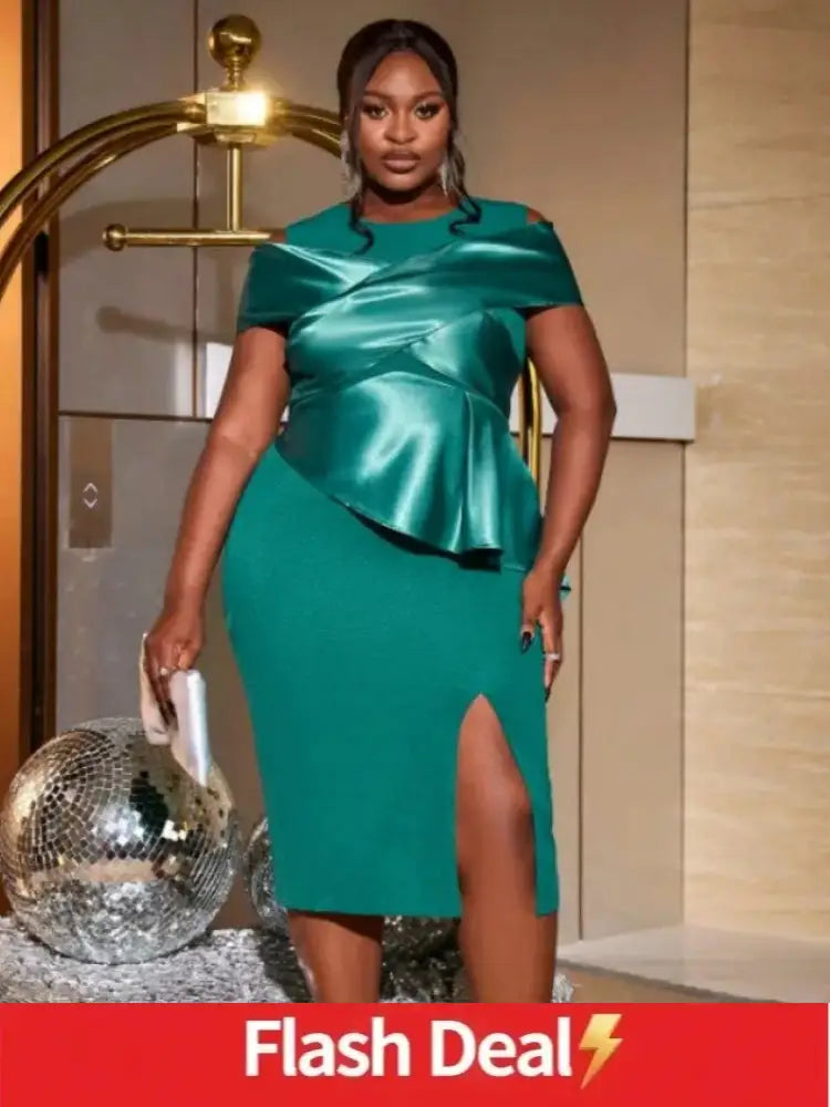 AOMEIDRESS O Neck Dress Cold Shoulder Short Sleeves Patchwork Peplum Green / S