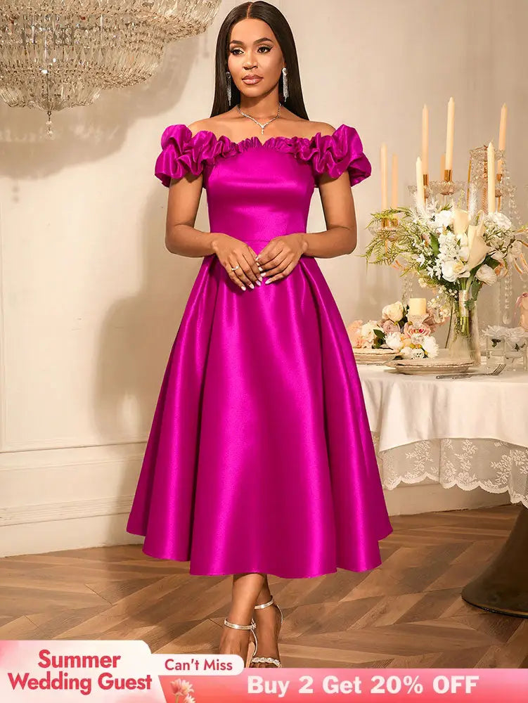 AOMEIDRESS Off Shoulder A Line Dresses Slash Neck Folds Party Gowns Rose / S