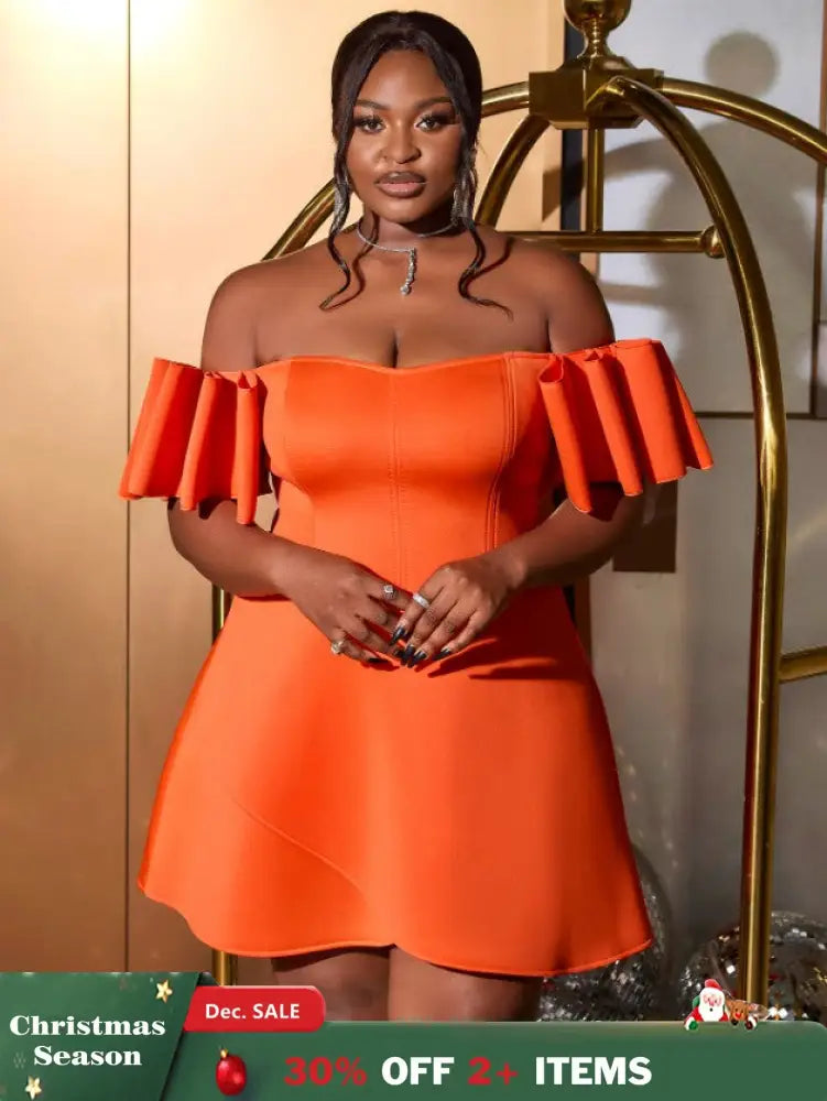 AOMEIDRESS Off Shoulder Orange Dress Backless Short Sleeves A Line Orange / S