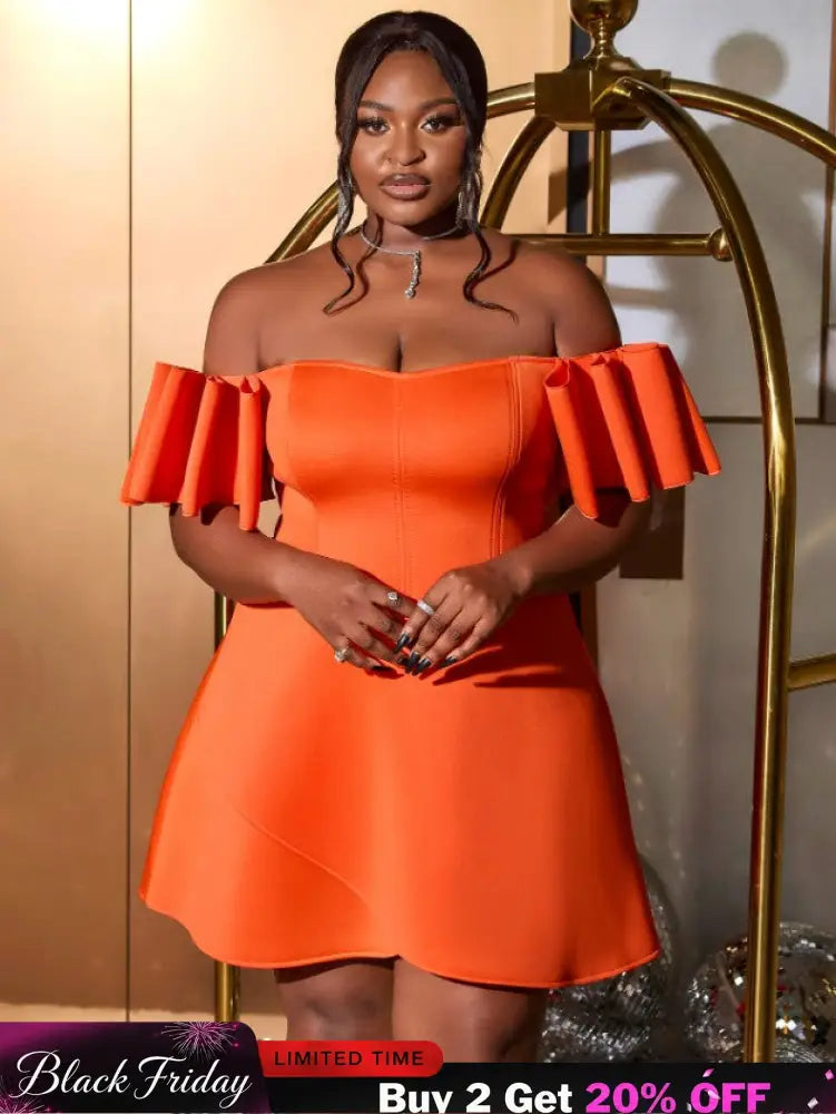 AOMEIDRESS Off Shoulder Orange Dress Backless Short Sleeves A Line Orange / S