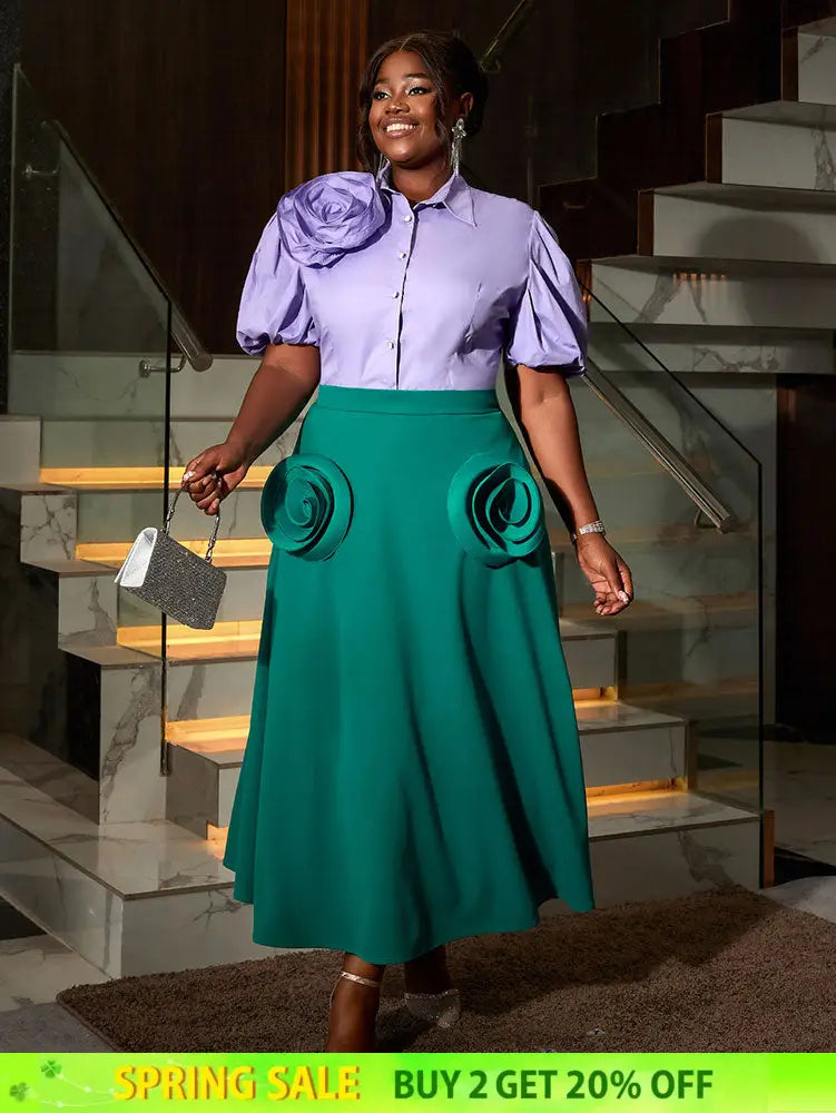 AOMEIDRESS Office Two Piece Set 3D Flower Shirt With A Line Skirt Purple / S