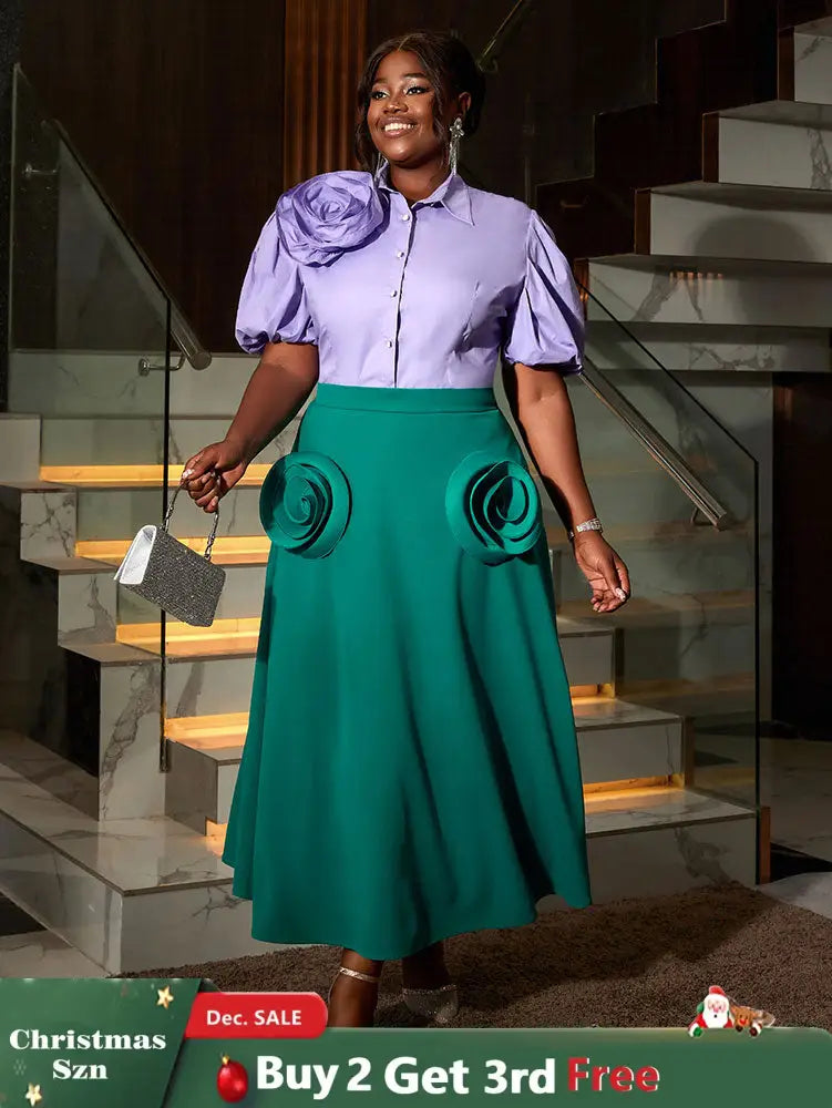 AOMEIDRESS Office Two Piece Set 3D Flower Shirt With A Line Skirt Purple / S