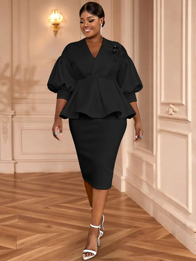 AOMEIDRESS Office Two Piece Set Appliques Peplum Top Pencil Skirt