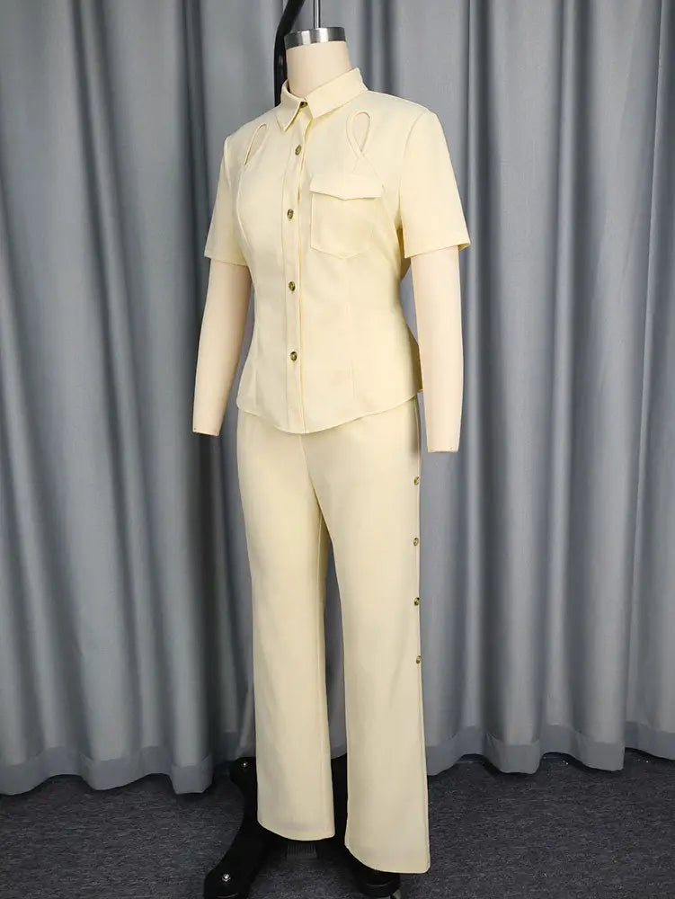 AOMEIDRESS Office Two Pieces Set Short Sleeves Tops Full Length Pants