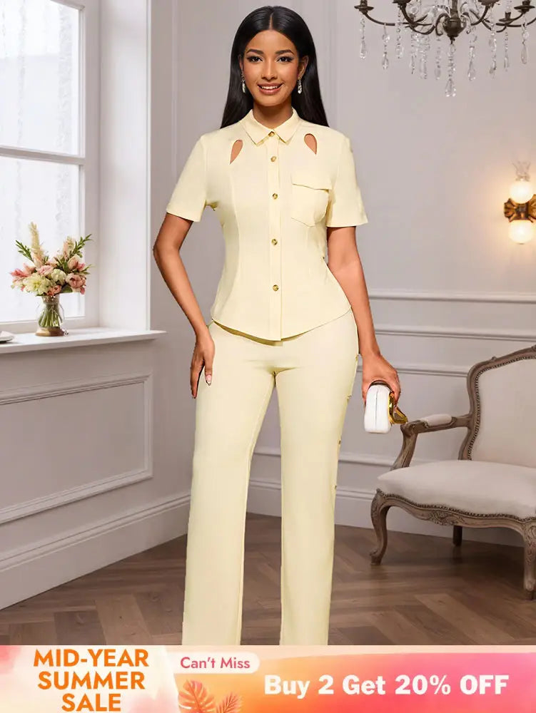 AOMEIDRESS Office Two Pieces Set Short Sleeves Tops Full Length Pants Apricot / S