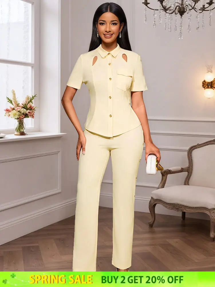 AOMEIDRESS Office Two Pieces Set Short Sleeves Tops Full Length Pants Apricot / S