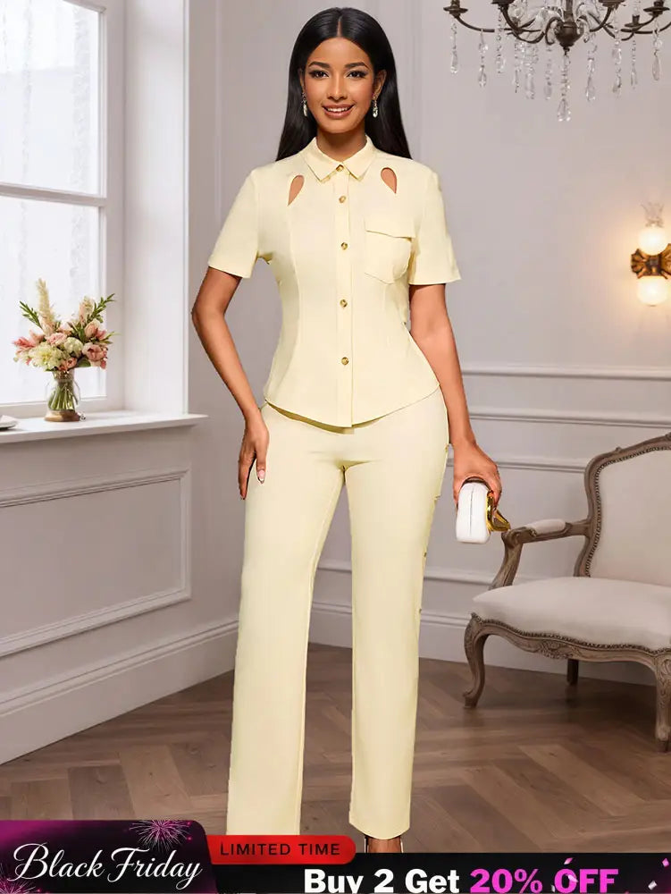 AOMEIDRESS Office Two Pieces Set Short Sleeves Tops Full Length Pants Apricot / S