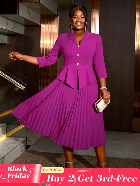 AOMEIDRESS Office Work Pleated Dress Lapel 3/4 Sleeve Button Up