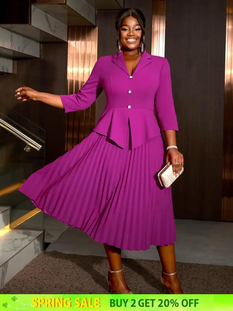 AOMEIDRESS Office Work Pleated Dress Lapel 3/4 Sleeve Button Up