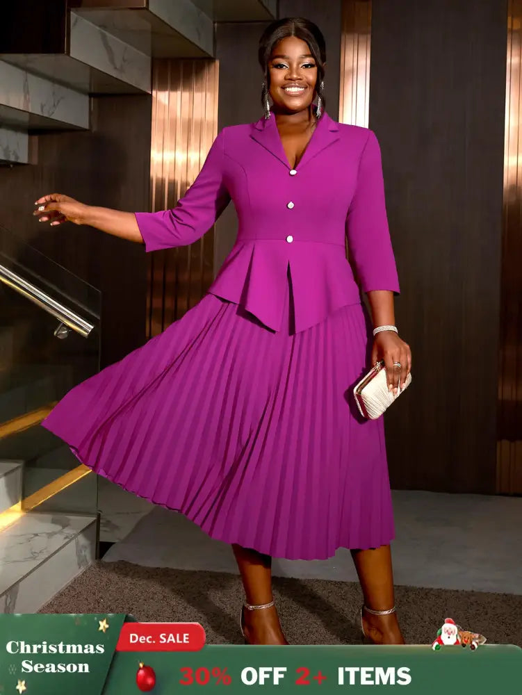 AOMEIDRESS Office Work Pleated Dress Lapel 3/4 Sleeve Button Up