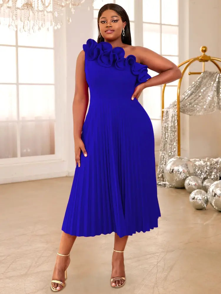 AOMEIDRESS One Shoulder A Line Pleated Party Dresses Ruffle Detail DarkBlue / S