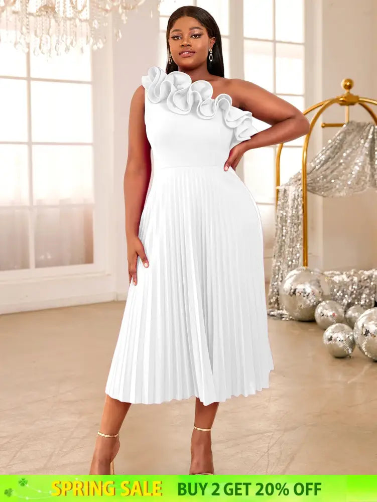 AOMEIDRESS One Shoulder A Line Pleated Party Dresses Ruffle Detail White / S