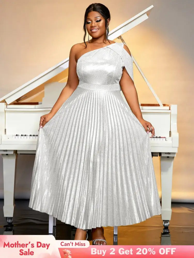 AOMEIDRESS One Shoulder Dress Diagonal Collar Sleevesless Pleated Silver / S