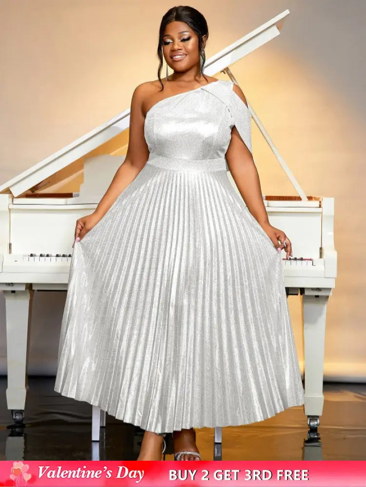 AOMEIDRESS One Shoulder Dress Diagonal Collar Sleevesless Pleated Silver / S