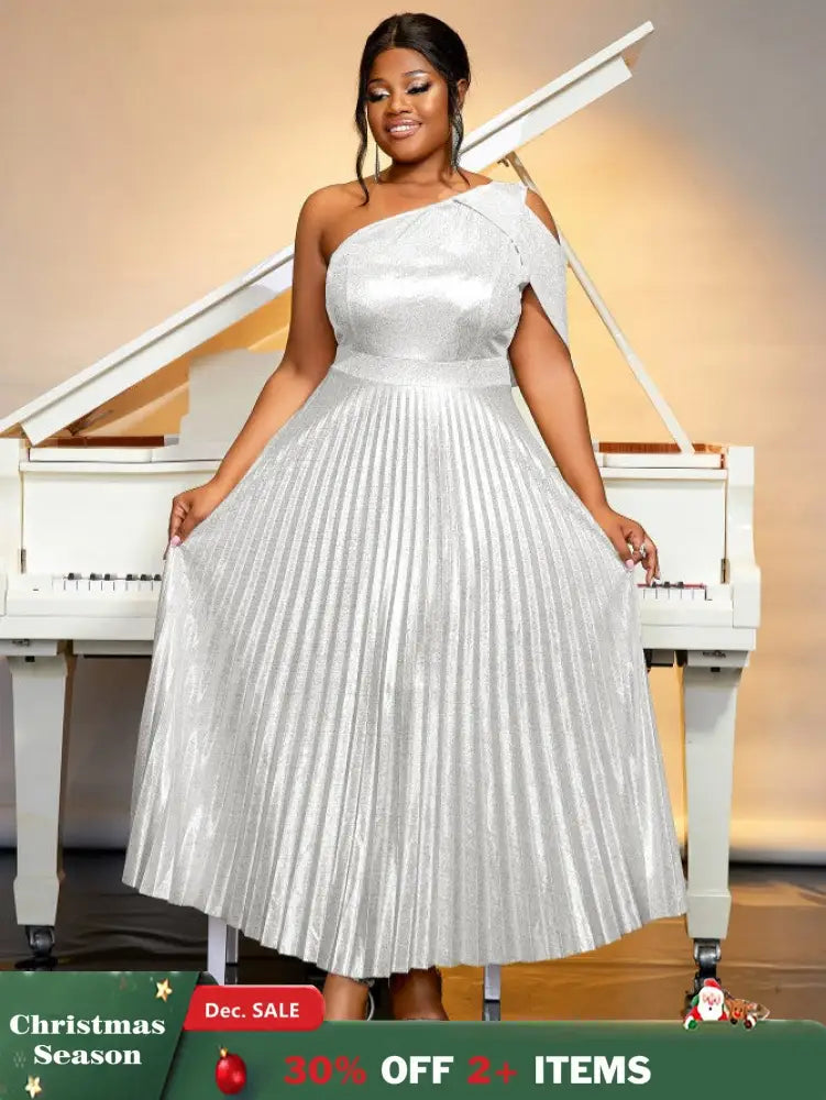 AOMEIDRESS One Shoulder Dress Diagonal Collar Sleevesless Pleated Silver / S