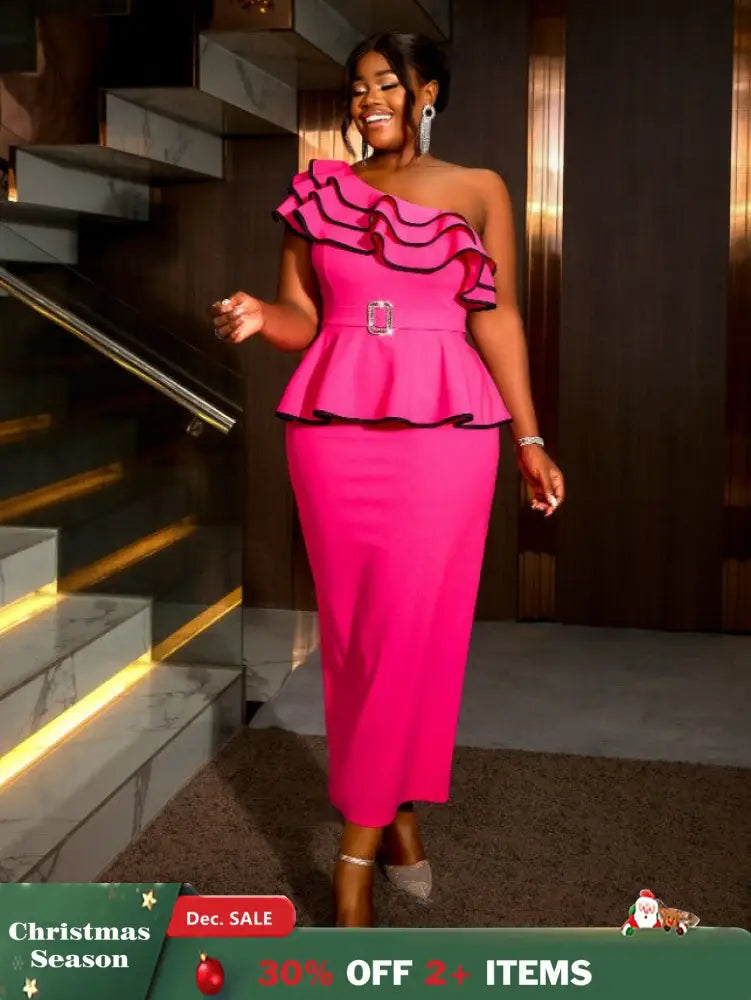 AOMEIDRESS One Shoulder Dress Tierred Ruffles Peplum Package Hip Rose / S